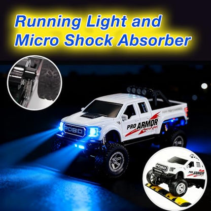 Mini RC Truck, 1/64 Scale Alloy Monster Truck Remote Control Car | 2.4GHz Control, LED Lights, 3-Speed Settings, Cruise Control,Adjustable Steering, Indoor Outdoor Toy for Kids Adults - color: White