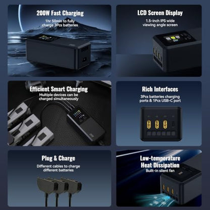 Matrice 4T/4E 200W Parallel Charging Hub for DJI Matrice 4 Series, Fast Multi Battery Charging Station, Charges 3 Batteries in 1hr 50min, 1.5" IPS LCD, 3 Smart Modes, 36W USB-C Drone Accessory
