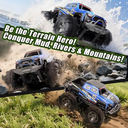 Amphibious Remote Control Car, Monster Trucks for Boys Age 4-7, Monster Truck Toys W/Blocks & 360°Spin, 4WD All-Terrain Off-Road RC Cars with 2 Batteries 100 min, 2.4GHz Pool Toy Gift for Kids - color: Blue
