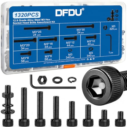 1320PCS M3 Socket Head Screws Nut and Washer Assortment Kit 12.9 Steel | M3-0.5 x6/8/10/12/16/20/25/30mm Black Zinc Plated Metric Bolts with Storage Case, prevents stripped heads during RC/DIY build - size: G12.9 M3 1320PCS