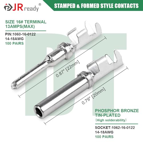 JRready Deutsch DT Connector Terminal Kit Size 16,Male Pins 1060-16-0122 / Female Sockets 1062-16-0122 Open Barrel Style Contacts for Wire Gauge 14-18AWG,ST6255-100 Stamped & Formed Contacts - size: #16 Stamped Contacts(14-18AWG) 13A (Max)