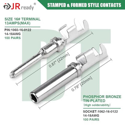 JRready Deutsch DT Connector Terminal Kit Size 16,Male Pins 1060-16-0122 / Female Sockets 1062-16-0122 Open Barrel Style Contacts for Wire Gauge 14-18AWG,ST6255-100 Stamped & Formed Contacts - size: #16 Stamped Contacts(14-18AWG) 13A (Max)