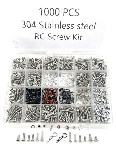 1000pcs Universal RC Screw Kit Screws Assortment Set, Hardware Fasteners for Traxxas Axial Redcat HPI Arrma SCX10 Losi 1/8 1/10 1/12 1/16 Scale RC Cars Trucks Crawler (1000pcs 304 Stainless Steel) - style: 1000pcs 304 Stainless steel