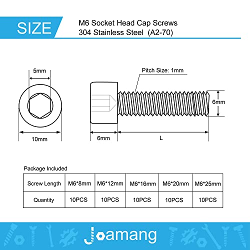 M6 x 8mm 12mm 16mm 20mm 25mm Socket Head Cap Screws Bolts, Stainless Steel 304, Metric Allen Hex Drive, Bright Finish, Fully Threaded, Assortment Kit 50PCS - size: Socket M6x8-25 mm