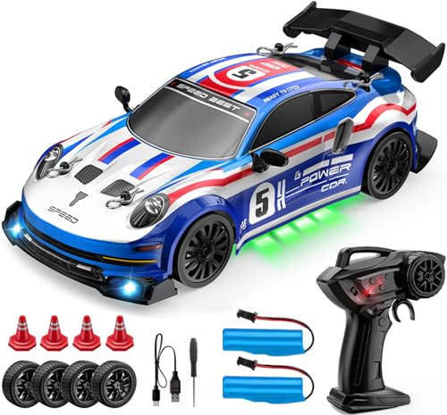 1:24 Scale RC Drift Car 4WD 2.4GHz High Speed Racing Sport Toy Car with LED Lights, Racing and Drift Wheels (E80-Blue) - style: E80-Blue