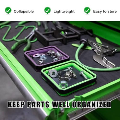 Yourkar Collapsible Magnetic Parts Tray, 4.5 Inch Foldable Magnetic Square Silicone Tray, Tool Tray Set with Double-Sided Magnetic Base for Screw Bolts Nuts Pins, Car Accessories (Black+Purple, 2PCS) - color: Black+Purple, 2PCS