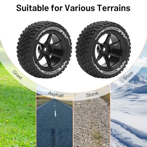1/10 12mm RC Rally Racing Tires, daitoku RC On Road Tires and Aluminum Wheels for 1/10 Tamiya TT01 TT02 XV01 TA06 A959 PTG2 HPI KYOSHO PTG2 Traxxas - Style D (Black) - color: Style D (Black)