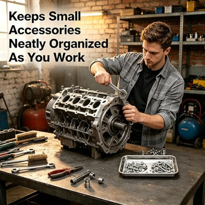 Okllen 6 Pcs Magnetic Parts Tray Set, Stainless Steel Heavy Duty 9.5"W x 5.5''L Square and 4 1/4" Round Extra Strong Magnetic Tool Trays Holder for Socket Screw Nuts Bolts Metal Parts