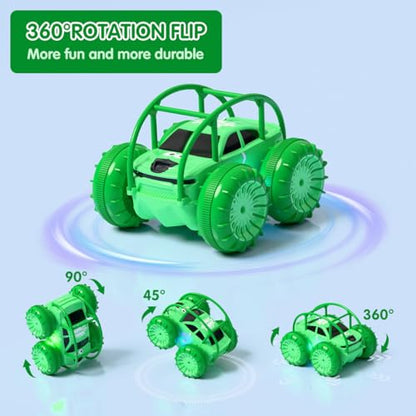Remote Control Car, Fast Direct Charging RC Cars Amphibious Rechargeable Stunt Car 360° Rotating LED 2.4Ghz 4WD All Terrain Water-Resistant Toy Christmas Birthday Gift for Kids Boys - color: Green