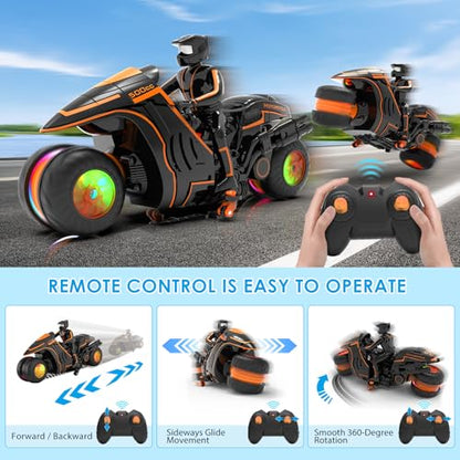 Remote Control Motorcycle with RGB Lights & Exclusive Side Glide | Ready-to-Play with 2 Batteries | 2.4GHz RC Stunt Bike Gift for Kids 5-12 - color: Orange
