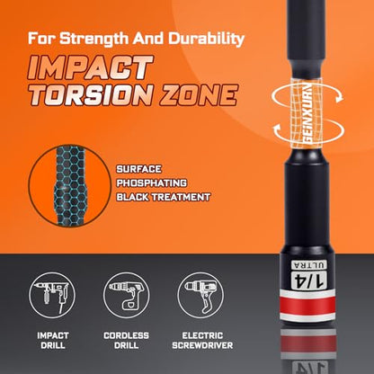 Geinxurn Impact Nut Driver Set, 10 Pieces 6”Long 1/4”6 Point Alloy Steel Magnetic SAE Nut Setter Set Use For Require Installing 1/4 Hex Shank Impact Driver with Case Box - size: 6", style: 1/4"-10pcs