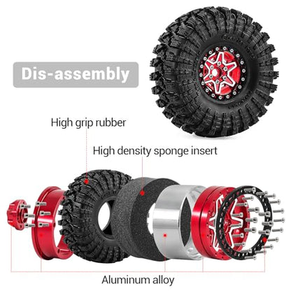 1.9" Beadlock Wheels and Tires 120mm (4.72in) for SCX10, TRX4, and 1/10 RC Crawlers, CNC Aluminum Alloy Rims, Soft Tires with Foam Inserts, Tool Included (Red+W tires) - color: Red+W tires