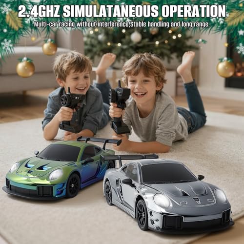 RC Drift Car, 1:24 4WD Remote Control Cars Vehicle with LED Light,2.4GHz 20KM/H High Speed RC Cars with Two Batteries & Drifting Tires Racing Sport Toy for Adults Boys Girls Kids Silve - color: Silver