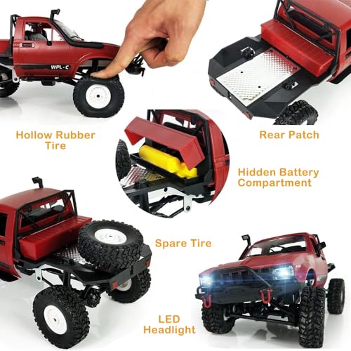 GoolRC RC Truck, WPL C14 RC Crawler 1/16 Scale Remote Control Car, 4WD All Terrain Off Road Semi Truck, 2.4GHz RC Climbing Car with LED Lights and 2 Batteries for Adults (Red) - color: Red