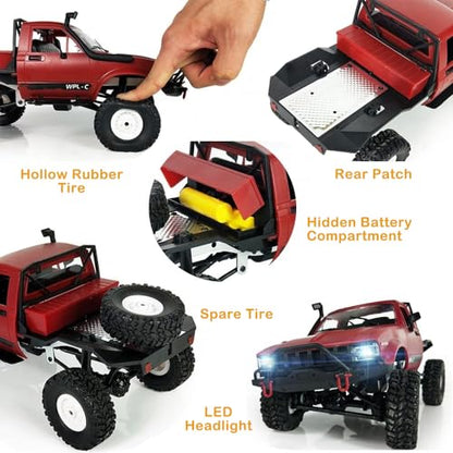 GoolRC RC Truck, WPL C14 RC Crawler 1/16 Scale Remote Control Car, 4WD All Terrain Off Road Semi Truck, 2.4GHz RC Climbing Car with LED Lights and 2 Batteries for Adults (Red) - color: Red