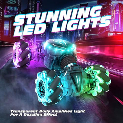 Tecnock Remote Control Car for Boys Girls, 2.4GHz 4WD Gesture Sensing RC Stunt Car Toys - 360° Rotating Double Sided Hand Controlled RC Cars with LED Lights, Gifts for Kids Ages 6-8, 8-12 - color: Deep Green