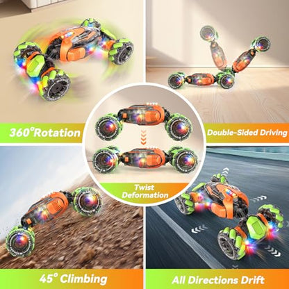 Nicella Remote Control Car, RC Toys Gifts for 6 7 8 9 10 11 12 Year Old Boys Girls - 360° Rotating 4WD Gesture Sensing RC Sunt Car with Lights & Music - Cool Birthday Gifts for Kids - color: Orange/Green
