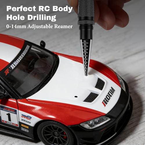 RC Car Body Reamer 0-14mm with Measurement Scale, Hole Punch Tool Kit with Curved & Straight Lexan Scissors, Hobby Knife for RC Shell Mounting, Trimming & Plastic Model Building（Black - color: Black