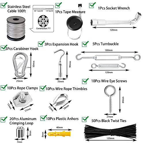 1/8" Stainless Steel Cable,1/8" Wire Rope,M5 Turnbuckle Kit,165FT Wire Tensioner for String Light Hanging Kit,Aircraft Cable,Guy Wire,Stainless Steel Wire Rope Kit - size: 50M Wire Rope