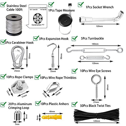 1/8" Stainless Steel Cable,1/8" Wire Rope,M5 Turnbuckle Kit,165FT Wire Tensioner for String Light Hanging Kit,Aircraft Cable,Guy Wire,Stainless Steel Wire Rope Kit - size: 50M Wire Rope