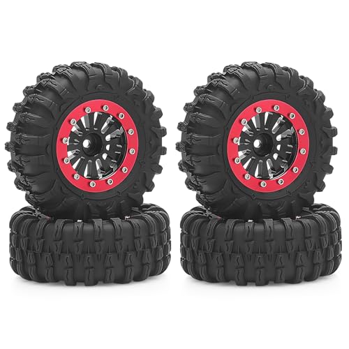 daitoku 1.3 Beadlock Wheels and Tires 1.3" RC Wheel Tires Set for 1/18 1/24 Trx4m SCX24 RC Crawler Car (4PCS) - Red - color: Red