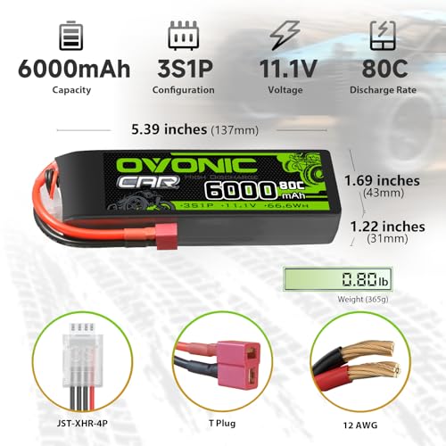 OVONIC 11.1V Lipo Battery 3S 80C 6000mAh Soft Case Battery with Dean-Style T Connector Plug for RC 1/8 1/10 Scale Vehicles Car Trucks Boats