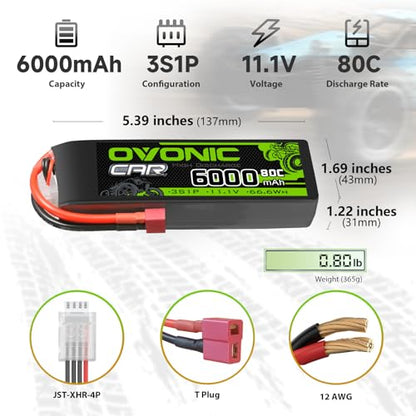 OVONIC 11.1V Lipo Battery 3S 80C 6000mAh Soft Case Battery with Dean-Style T Connector Plug for RC 1/8 1/10 Scale Vehicles Car Trucks Boats