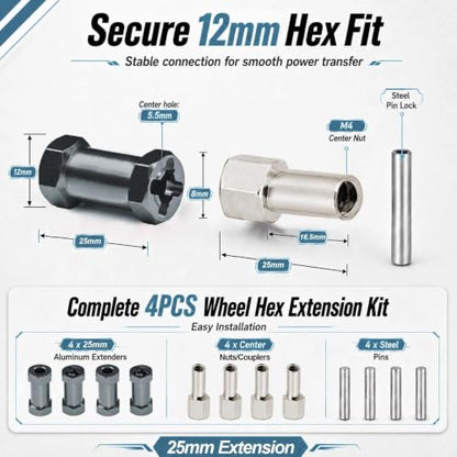4PCS 12mm Hex Hub 25mm Aluminum Extension Hex for Axial SCX10 D90 90046 | 25mm CNC Wheel Hex Extenders for 1/10 RC Crawlers Redcat Gen7/Gen8 CC01 RC4WD Wider Stance & Tire Clearance with M4 Nuts Pins - color: Titanium