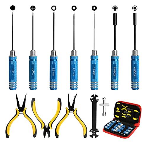 12Pcs RC Tools Kit W/Hex, Phillips, Flat Screwdriver & Plier Socket Wrench | Hobby Tools Kits for Traxxas Arrma RC Car Drone Airplane Helicopter Vehicle Multirotors Models Repair Tool (Blue)