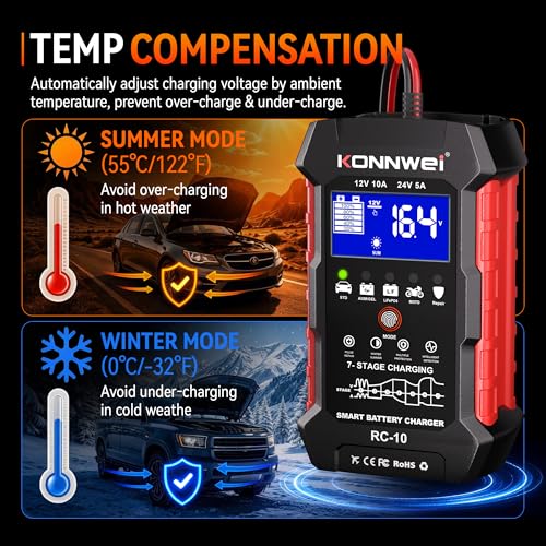 KONNWEI 12V/24V Battery Charger,Smart Trickle Charger Maintainer LiFePO4 | 5A/10A Car Battery Charger for LiFePO4 Lead Acid AGM GEL,Battery Desulfator with Pulse Repair for Cars RVs Boats Lawn Mower