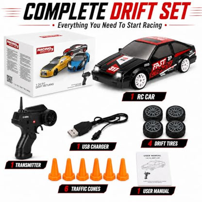 Liberty Imports RC Drift Car 1/24 2.4GHz 4WD Remote Control Sport Racing On-Road Vehicle with LED Light, Batteries and Drift Tires (Style 4) - style: Black