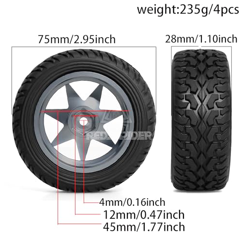 REDSPIDER 1/10 RC Rally Car Tyres 12mm Hex Hub Rubber Tires & Aluminium Wheel Rims OD 75mm/2.95'' for 1/16 1/14 1/12 1/10 RC Touring Car On-Road Off Road Buggy (Titanium) - color: Titanium