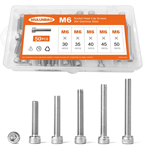 M6 x 30mm 35mm 40mm 45mm 50mm Hex Socket Head Cap Screws Bolts 304 Stainless Steel Metric Machine Allen Hex Drive, Fully Threaded, Assortment Kit 50PCS - size: M6 x 30/35/40/45/50mm (50PCS)