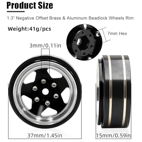 1.3 Beadlock Wheel - Aluminum & Brass Wheel Rims for TRX4M SCX24 1/18 1/24 | Brass Negative Offset 1.3” Wheel Hub Width 15mm OD 37mm with 7mm Hex Fit FMS Ascent-18 RC Car Off Road Tire, 4pcs (Black) - color: Black