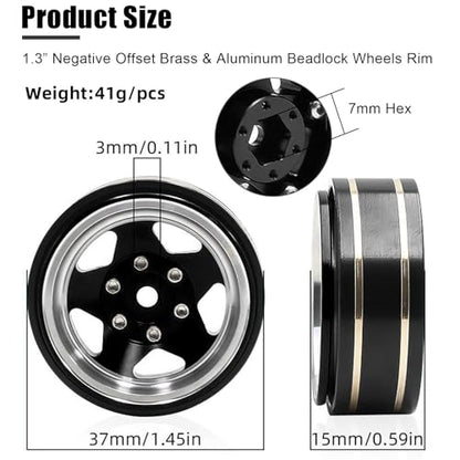 1.3 Beadlock Wheel - Aluminum & Brass Wheel Rims for TRX4M SCX24 1/18 1/24 | Brass Negative Offset 1.3” Wheel Hub Width 15mm OD 37mm with 7mm Hex Fit FMS Ascent-18 RC Car Off Road Tire, 4pcs (Black) - color: Black