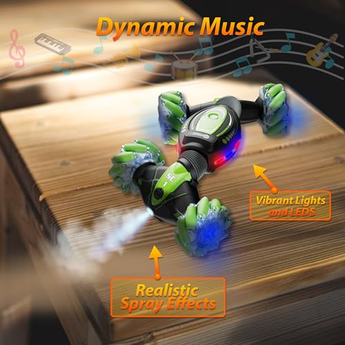 Contixo Kids Large Remote Control Car with Gesture Sensor, 4WD 360° Spins, Music, Lights & Spray, Side Drifts, Double-Sided Driving Off-Road Stunt Car Vehicle Birthday Gift for Boys Ages 5,6,7, Green - color: Green