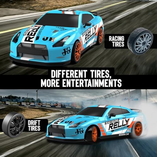 RACENT 1:24 Scale RC Drift Car, 10MPH 4WD Remote Control Car with LED Light, Racing and Drifting Wheels, 2 Rechargeable Batteries, Toy for Boys, Girls, Kids (Blue) - color: Cyan, size: 1:24 Scale