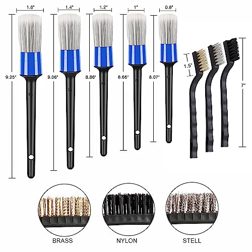 HMPLL 10pcs Car Detailing Kit, Premium Detailing Brush Set | Includes 5 Soft Car Detailing Brushes, 3 Wire Brush, 2 Air Vent Brush for Cleaning Car Interior and Exterior Detailing, Blue - color: Blue and White