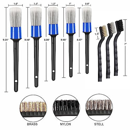 HMPLL 10pcs Car Detailing Kit, Premium Detailing Brush Set | Includes 5 Soft Car Detailing Brushes, 3 Wire Brush, 2 Air Vent Brush for Cleaning Car Interior and Exterior Detailing, Blue - color: Blue and White