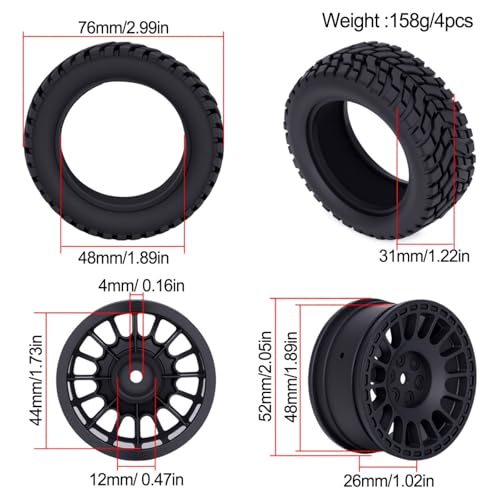 4PCS RC Rally Car Tyres 12mm Hex Hub Wheel Rims Tires NOT Pre-Glued for 1/16 1/14 1/12 1/10 Scale Off Road Buggy On-Road Touring Car Upgrade Parts (Black) - color: Black