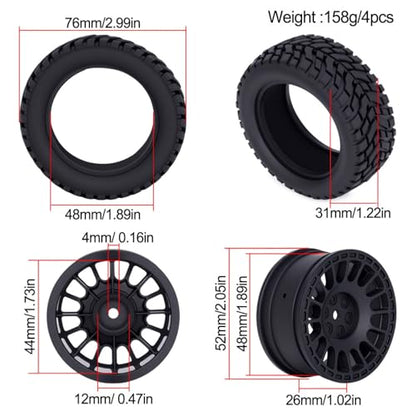 4PCS RC Rally Car Tyres 12mm Hex Hub Wheel Rims Tires NOT Pre-Glued for 1/16 1/14 1/12 1/10 Scale Off Road Buggy On-Road Touring Car Upgrade Parts (Black) - color: Black