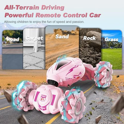Fosgoit Pink RC Car Toys for Girls Aged 6-12, Gesture Sensing RC Stunt Cars with Lights Music for Girl Birthday Xmas Gifts, 2.4GHz 4WD Pink Remote Control Toy Double-Side Flip 360° All-Round Rotation - color: Pink