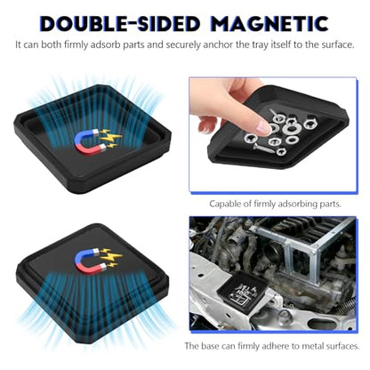 Collapsible Magnetic Parts Tray, 4.5 Inch Square Silicone Tray Holder with Double-Sided Magnetic Base, Foldable Tool Trays for Screw Bolts Nuts Pins Small Parts, Car Accessories (Black) - color: Black