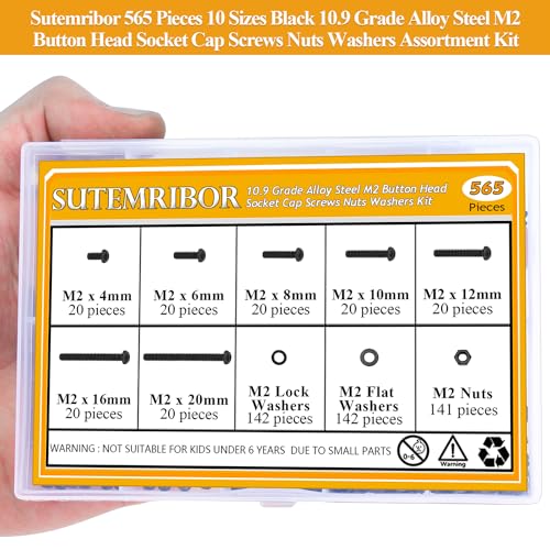 565 Pieces M2 Screws Nuts Washers Set Black, Sutemribor M2 x 4/6/8/10/12/16/20mm Button Head Socket Cap Screws Nuts Washers Assortment Kit, 10.9 Grade Alloy Steel, Fully Threaded - size: M2, style: Button Head Socket Cap