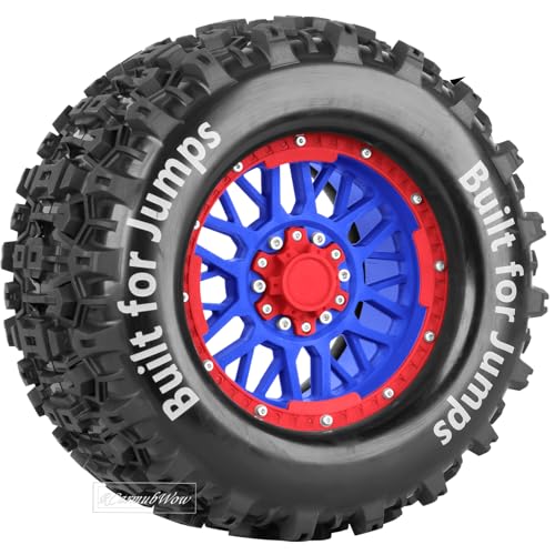 1/8 1/10 17mm Hex RC Truck Tires,Wheels and Tires for 1/10 E-Revo T-Maxx Summit,1/8 Kraton Outcast 6S,Sledge,Buggy Rubber Tyres and Rims w/Foam Insert for RC Off-Road Car,Navy Blue-Red - color: Navy Blue&red(4pcs)