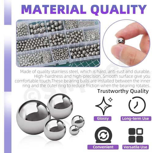 Swpeet 620Pcs 6 Sizes 3/16" 7/32" 1/4" 5/32" 1/8" 3/32" Imperial Precision 304 Stainless Steel Bearing Balls Assortment Kit, Assorted Loose Bicycle Bearing Balls for Bicycles Casters