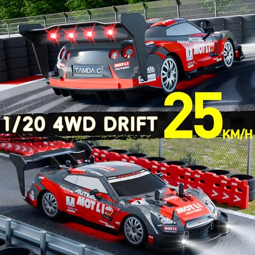 1:20 RC Drift Car for Kids,4WD 2.4GHz 30KM/H High Speed Remote Control Car, Racing Sport Toy Car with LED Lights,Drifting Tires＆2 Batteries (Red 01) - color: Red 01