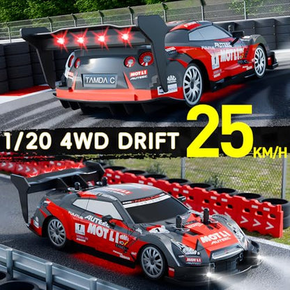 1:20 RC Drift Car for Kids,4WD 2.4GHz 30KM/H High Speed Remote Control Car, Racing Sport Toy Car with LED Lights,Drifting Tires＆2 Batteries (Red 01) - color: Red 01