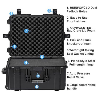 Regetek Rolling Hard Case with Foam,26 x 20 x 13 Inch, Equipment Case with Wheels and 4 Handles for camera, Drone,tool, electronics,Shockproof, Waterproof, TSA Friendly, Inner 22.64"X 16.73"X9.84"