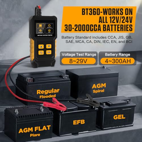 BT360 Car Battery Tester 12V 24V 30-2000 CCA Load Tester Starter Alternator Tester Automotive Charging Cranking System Tester for Motorcycle Car Truck SUV ATV Boat